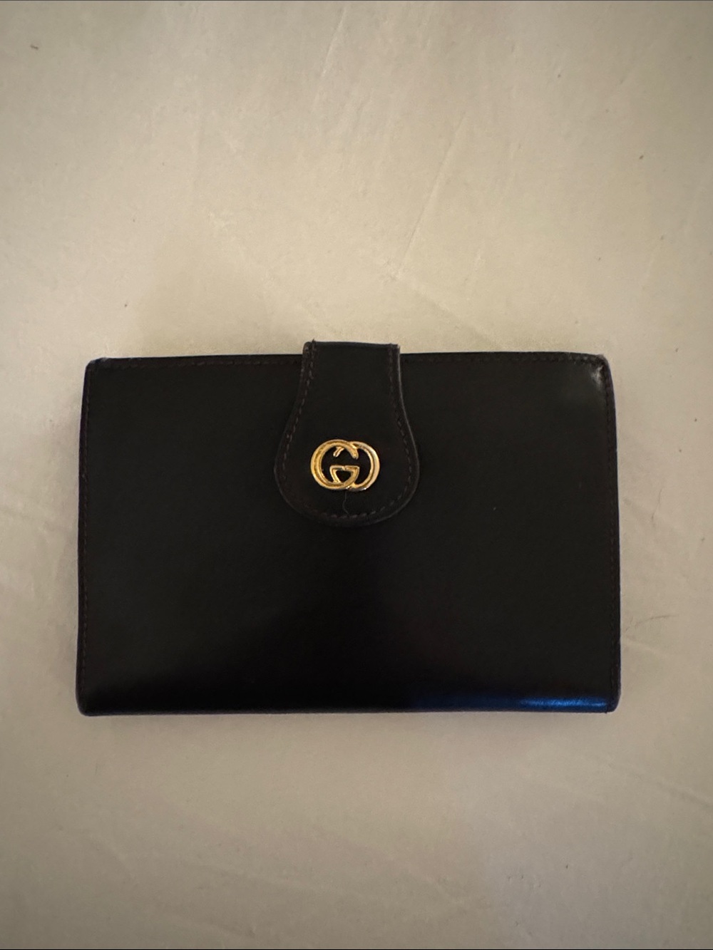 Vintage Gucci Black Leather Bifold Wallet with Gold Double-G Accent